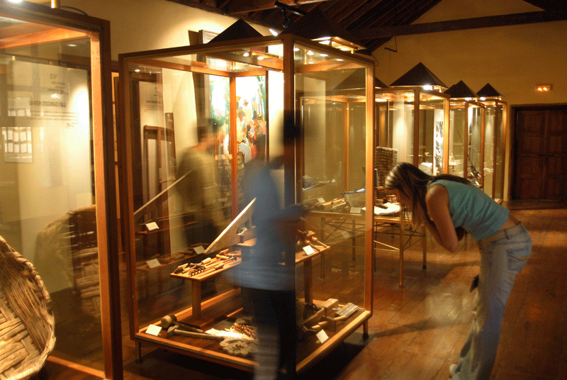 Esposizione di oggetti in vetrine in un museo di Tenerife con visitatori che osservano.