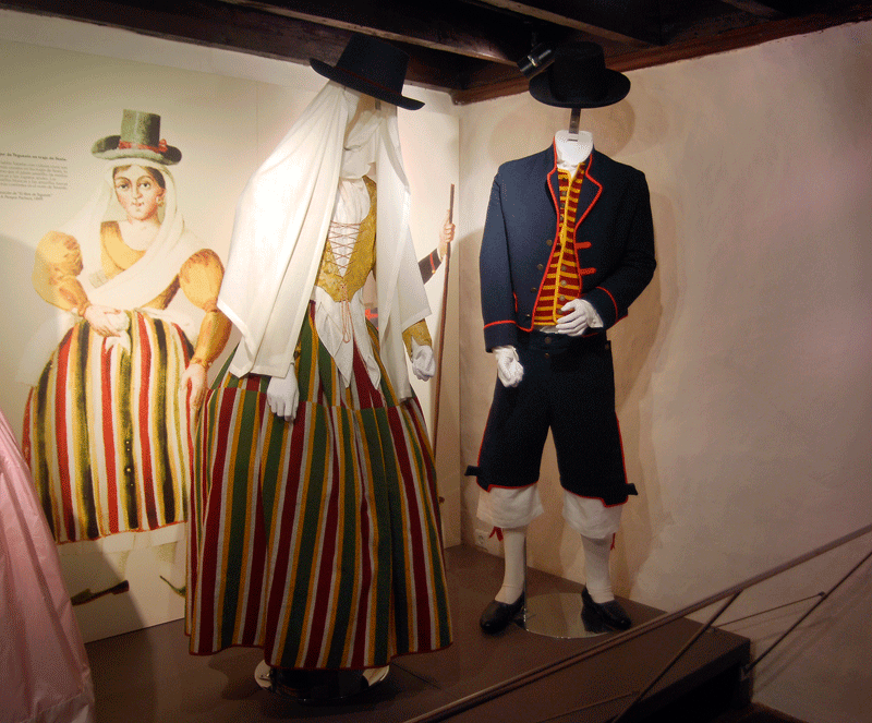 Costumi tipici di Tenerife in esposizione, con illustrazione storica come sfondo.