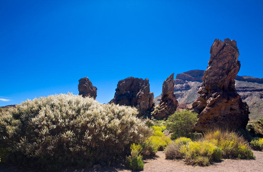 Rocce vulcaniche sotto cieli azzurri nel Parco Nazionale del Teide, Tenerife.