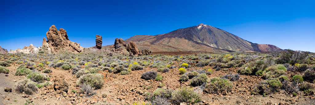 Paesaggio del Monte Teide a Tenerife con formazioni rocciose e vegetazione arida.