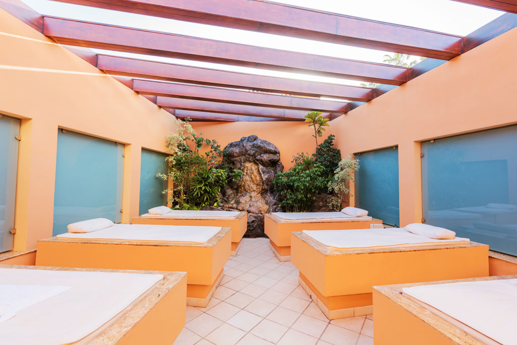 Letti spa in un salotto interno a Tenerife, circondati da piante e luce naturale.