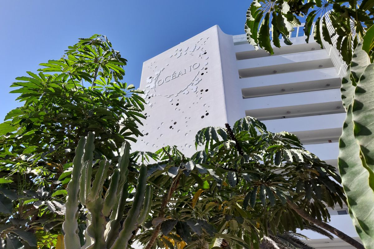 Costruzione oceanica circondata da palme a Tenerife.