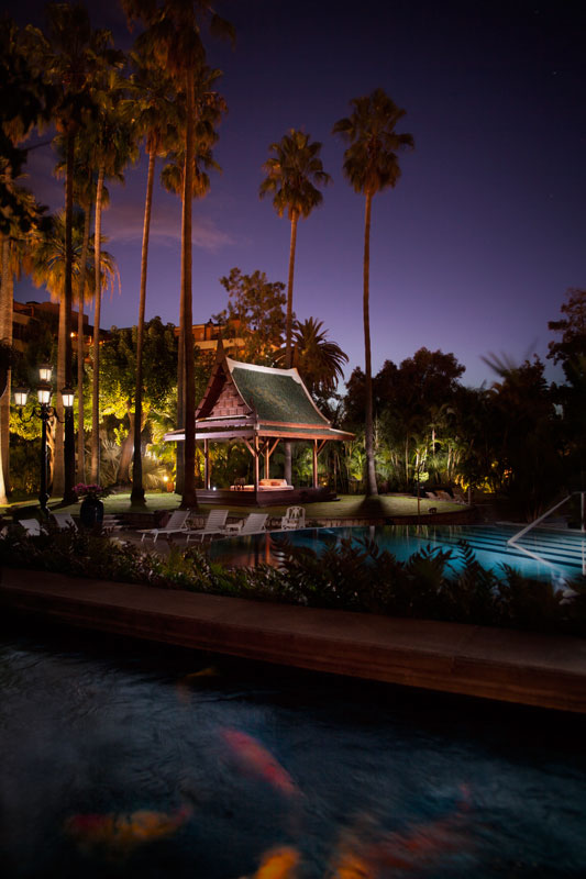 Padiglione thailandese illuminato nel giardino notturno di Puerto de la Cruz, Tenerife.
